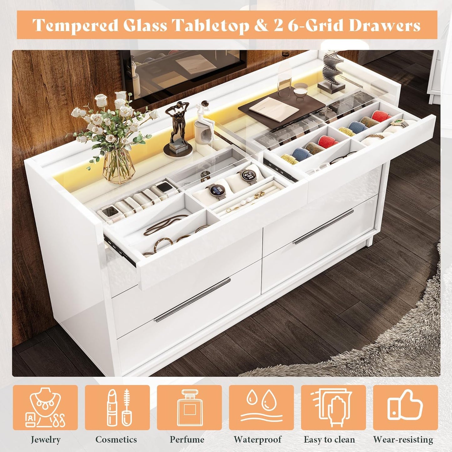 White 8-Drawer Dresser with LED Light & Glass Top | Modern High Gloss Bedroom Storage Chest