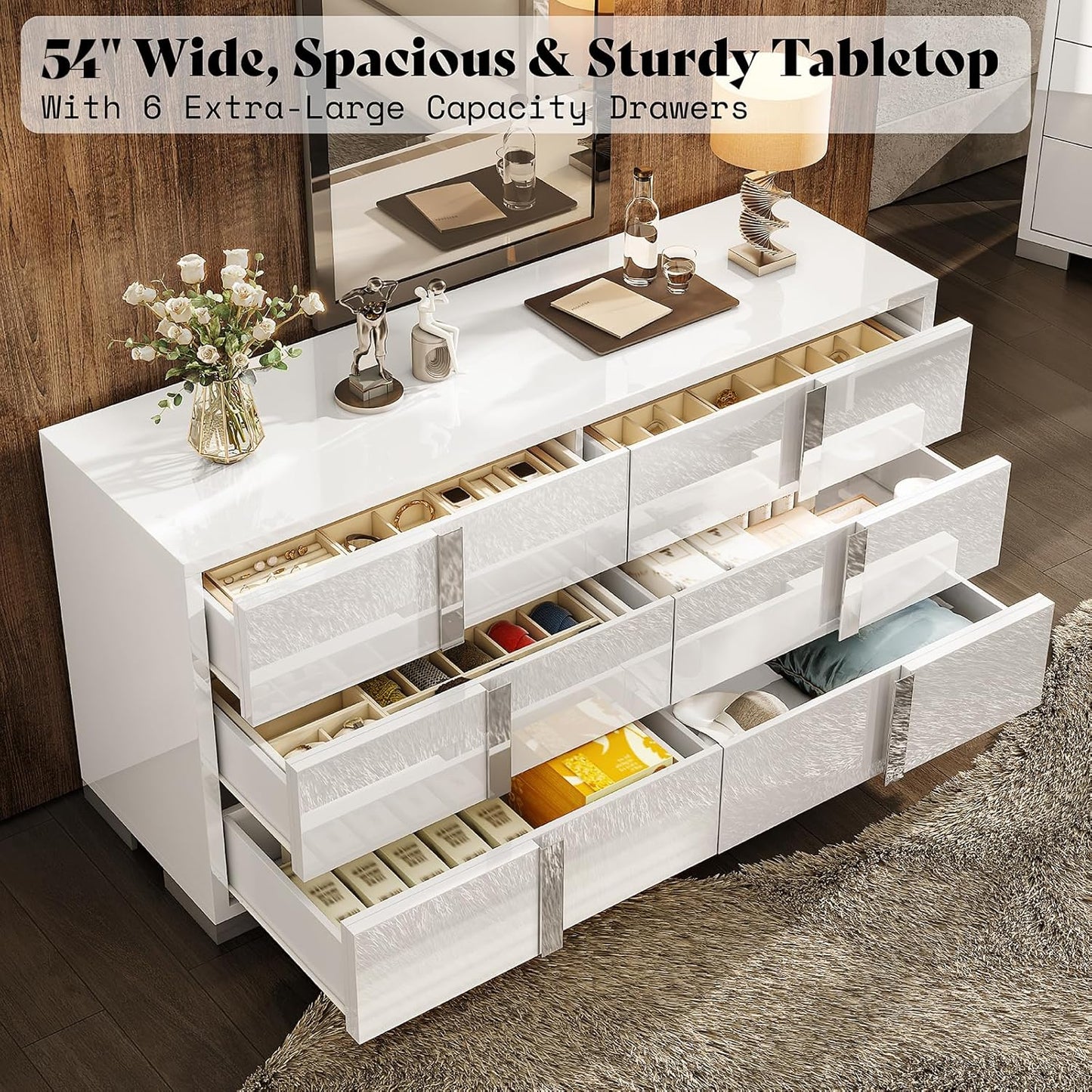 54-inch White High-Gloss Modern 6-Drawer Dresser & Storage Chest for Bedroom