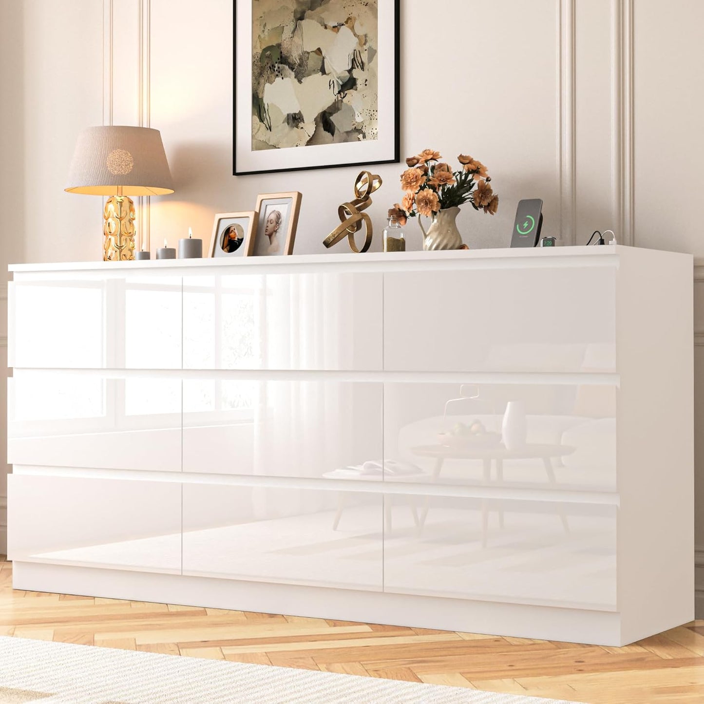White 70-Inch Wide High Gloss 9-Drawer Dresser with Integrated Power Hub