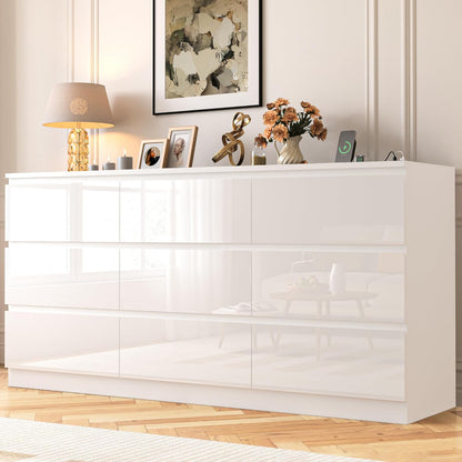 White 70-Inch Wide High Gloss 9-Drawer Dresser with Integrated Power Hub