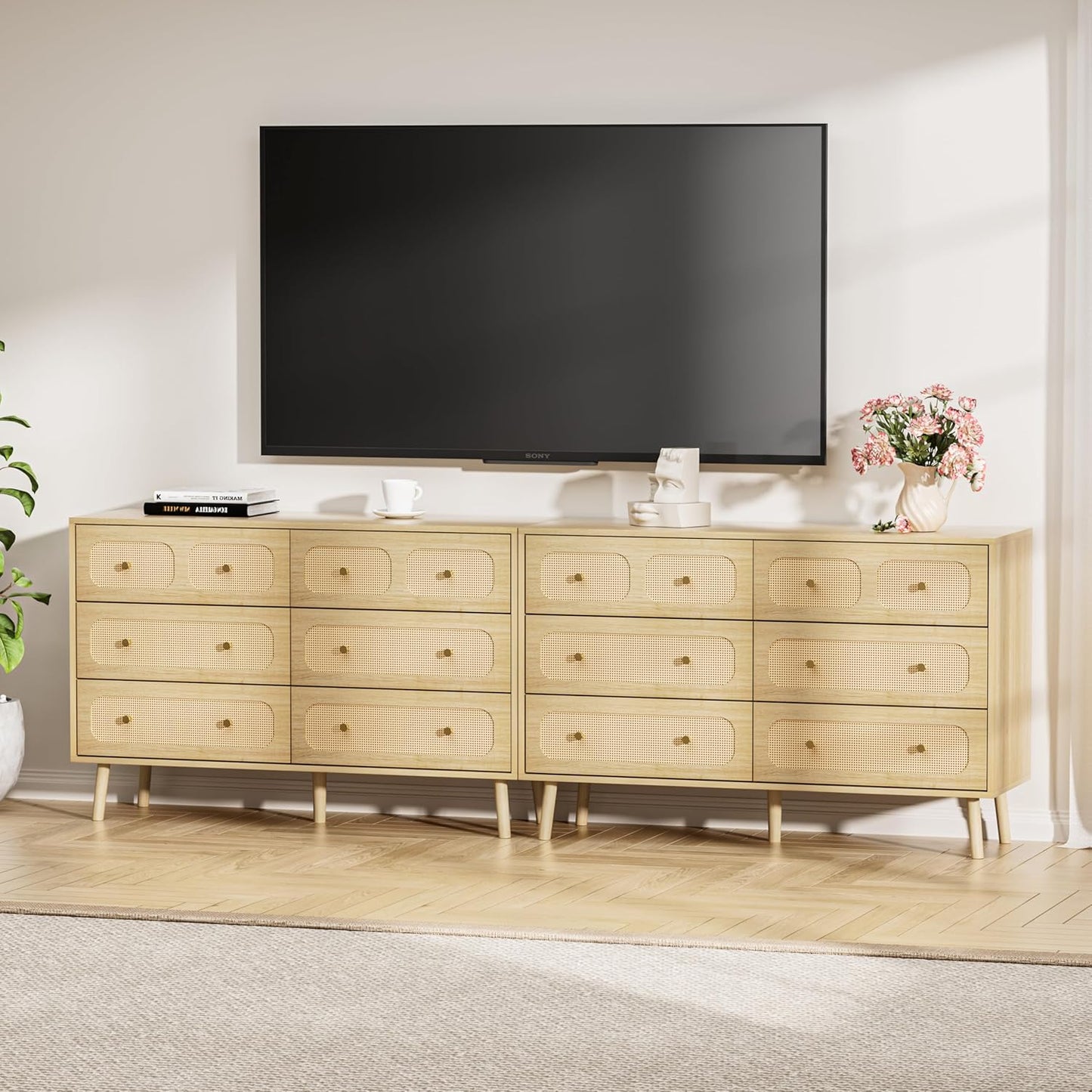 Boho Rattan 6-Drawer Dresser | Natural Wood Bedroom Storage Chest with Gold Pulls