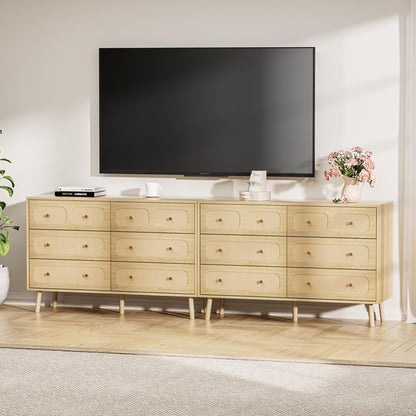 Boho Rattan 6-Drawer Dresser | Natural Wood Bedroom Storage Chest with Gold Pulls