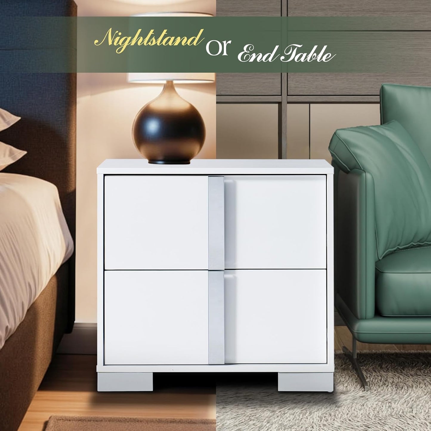 Modern High Gloss White Nightstand Set of 2 with 2 Drawers - Contemporary Bedside Tables
