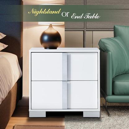 Modern High Gloss White Nightstand Set of 2 with 2 Drawers - Contemporary Bedside Tables