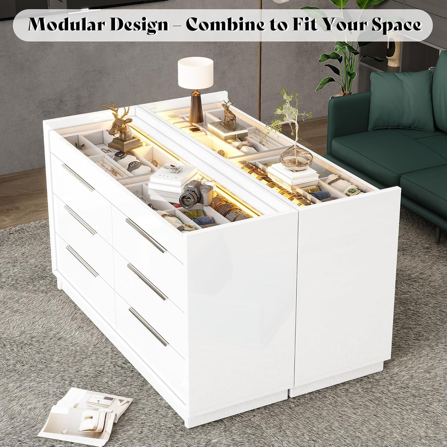 White 8-Drawer Dresser with LED Light & Glass Top | Modern High Gloss Bedroom Storage Chest