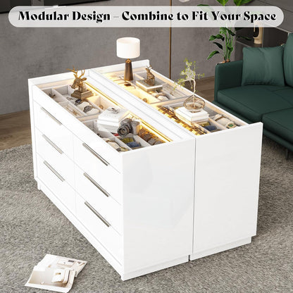 White 8-Drawer Dresser with LED Light & Glass Top | Modern High Gloss Bedroom Storage Chest