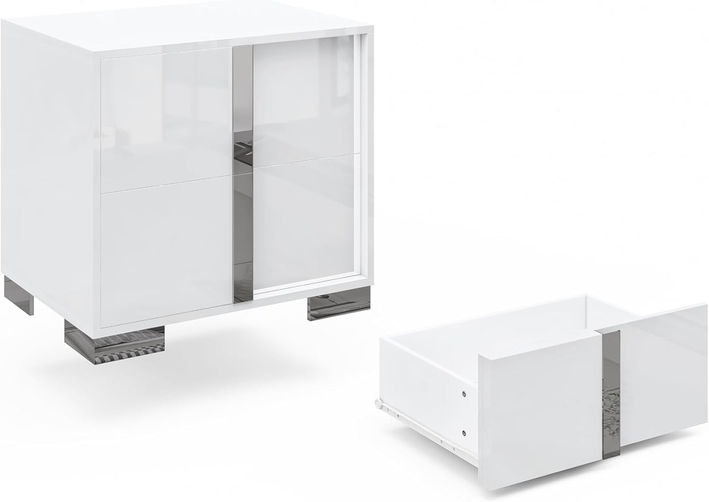 Modern High Gloss White Nightstand Set of 2 with 2 Drawers - Contemporary Bedside Tables