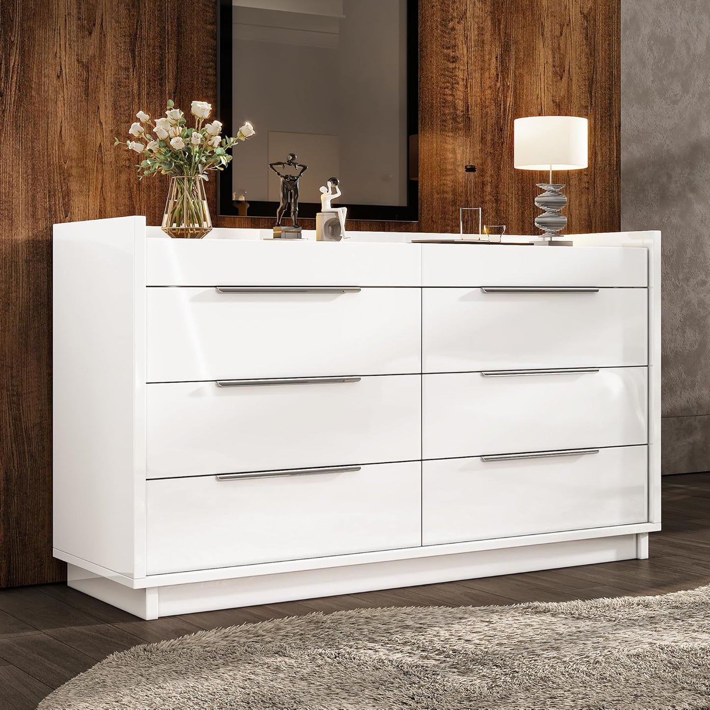 White 8-Drawer Dresser with LED Light & Glass Top | Modern High Gloss Bedroom Storage Chest