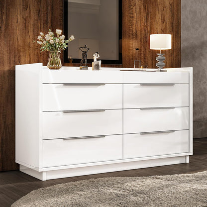 White 8-Drawer Dresser with LED Light & Glass Top | Modern High Gloss Bedroom Storage Chest