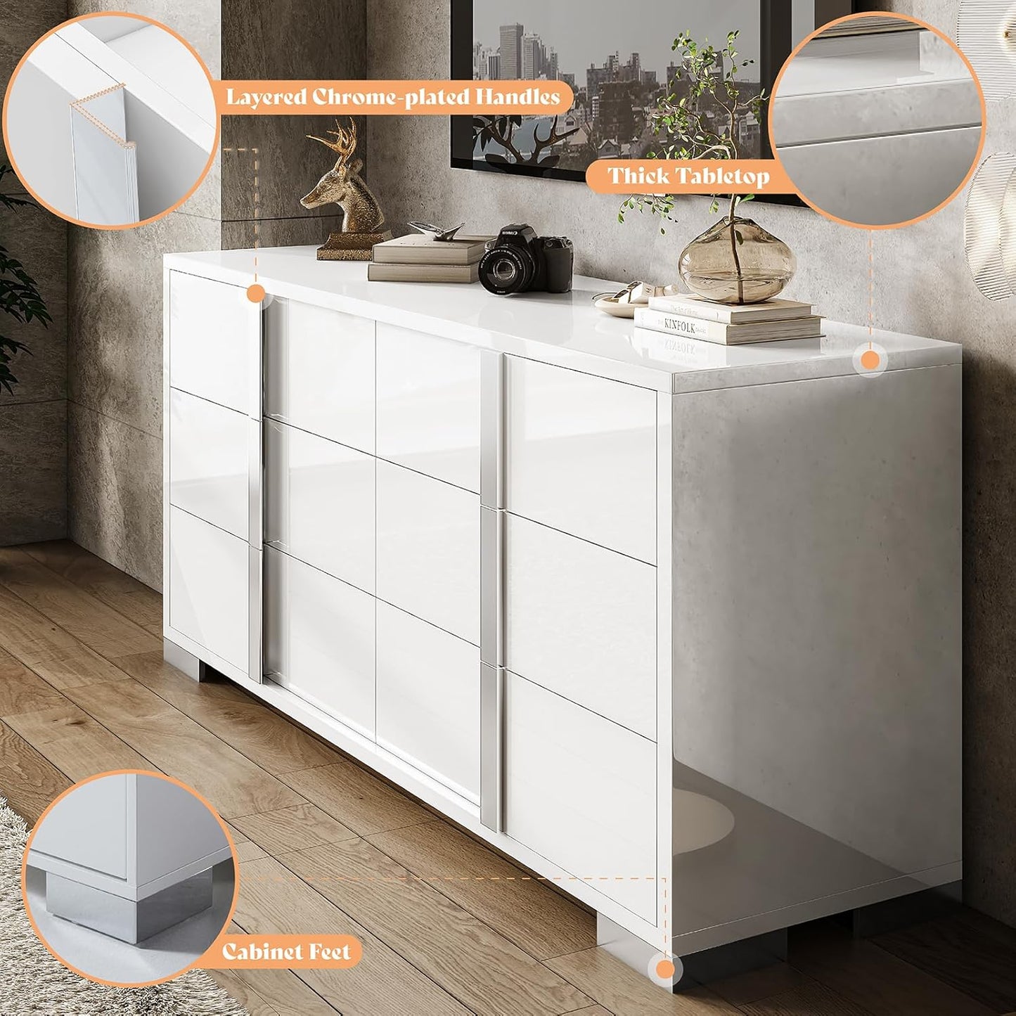 54-inch White High-Gloss Modern 6-Drawer Dresser & Storage Chest for Bedroom