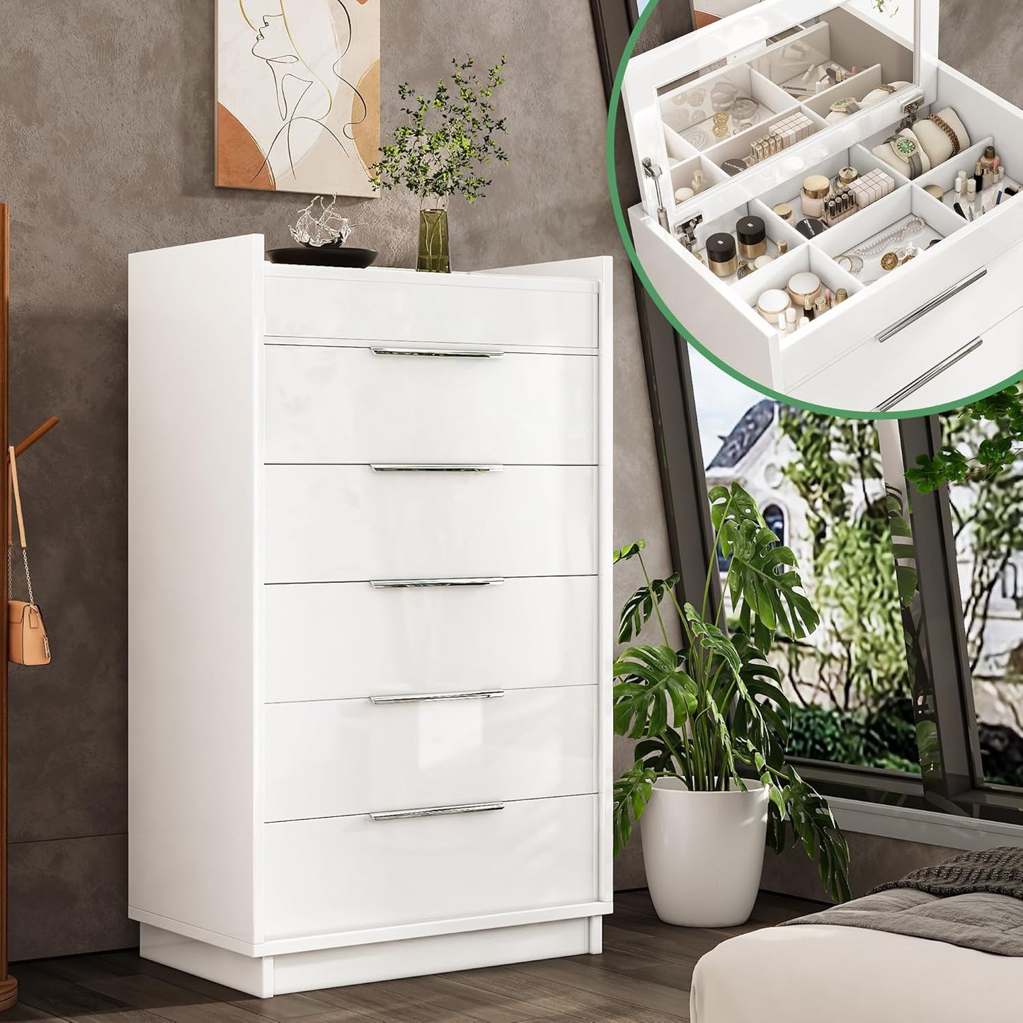 White 8-Drawer Dresser with LED Light & Glass Top | Modern High Gloss Bedroom Storage Chest