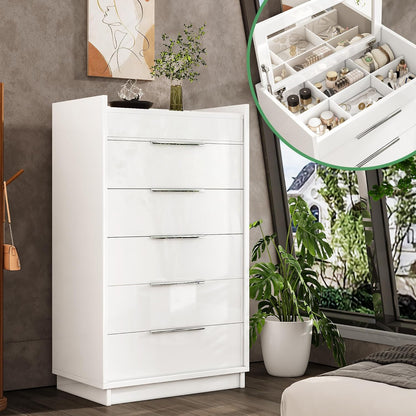 White 8-Drawer Dresser with LED Light & Glass Top | Modern High Gloss Bedroom Storage Chest