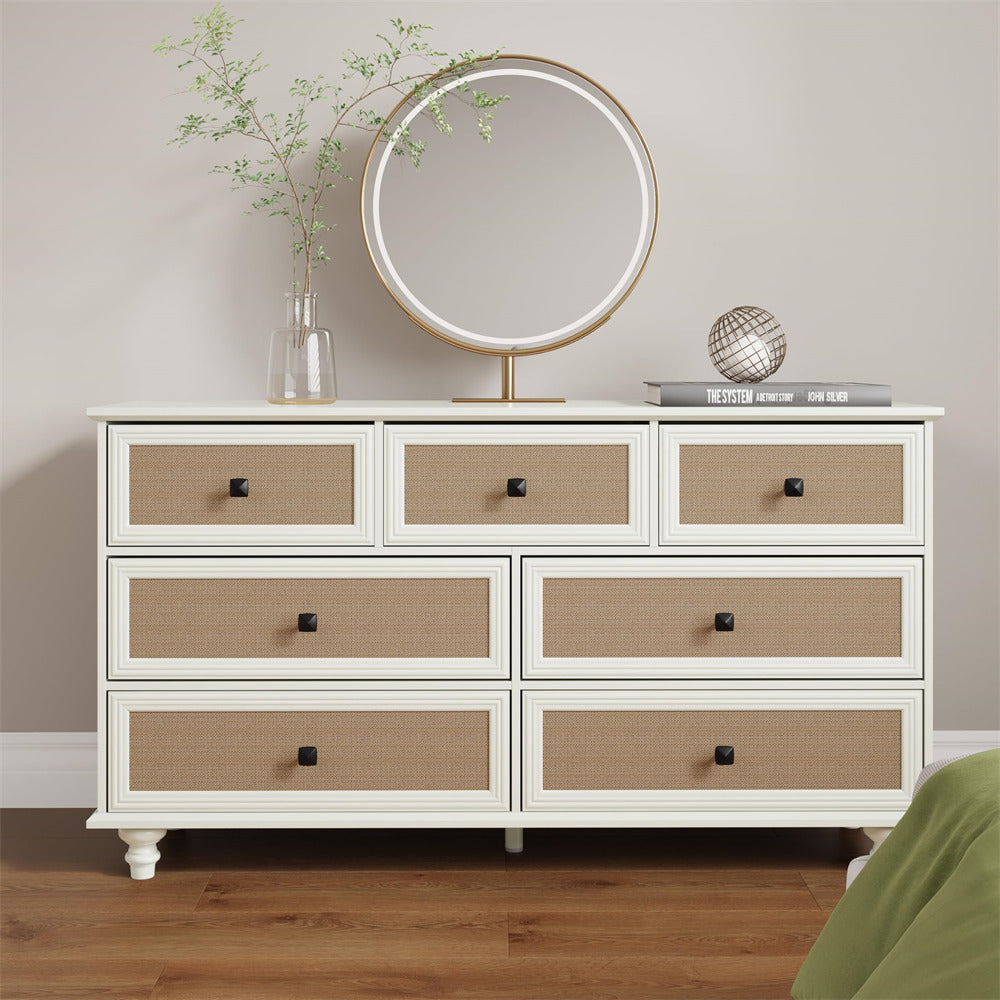 7-Drawer Modern White Farmhouse Dresser – Natural Rattan Fronts