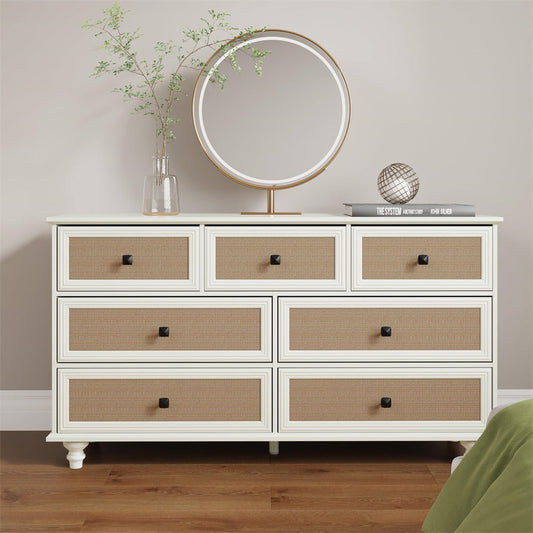 7-Drawer Modern White Farmhouse Dresser – Natural Rattan Fronts