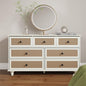 7-Drawer Modern White Farmhouse Dresser – Natural Rattan Fronts