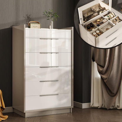 White 8-Drawer Dresser with LED Light & Glass Top | Modern High Gloss Bedroom Storage Chest