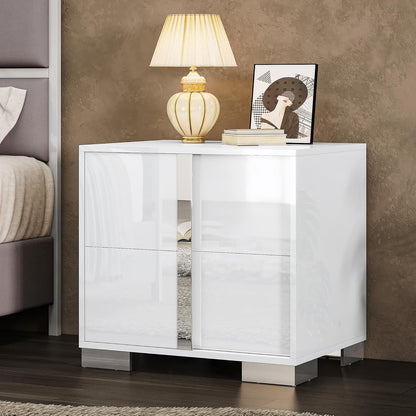 Modern High Gloss White Nightstand Set of 2 with 2 Drawers - Contemporary Bedside Tables