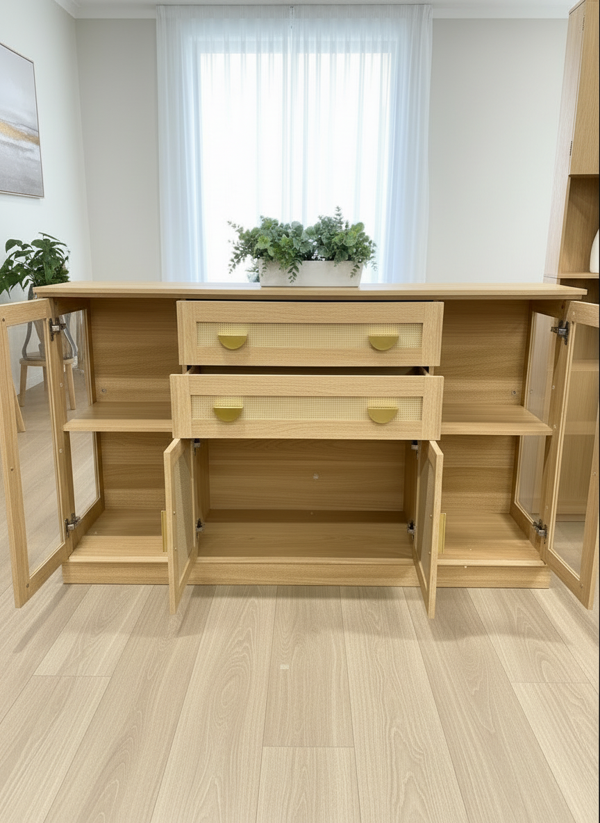 Natural Tan Glass Sideboard Cabinet