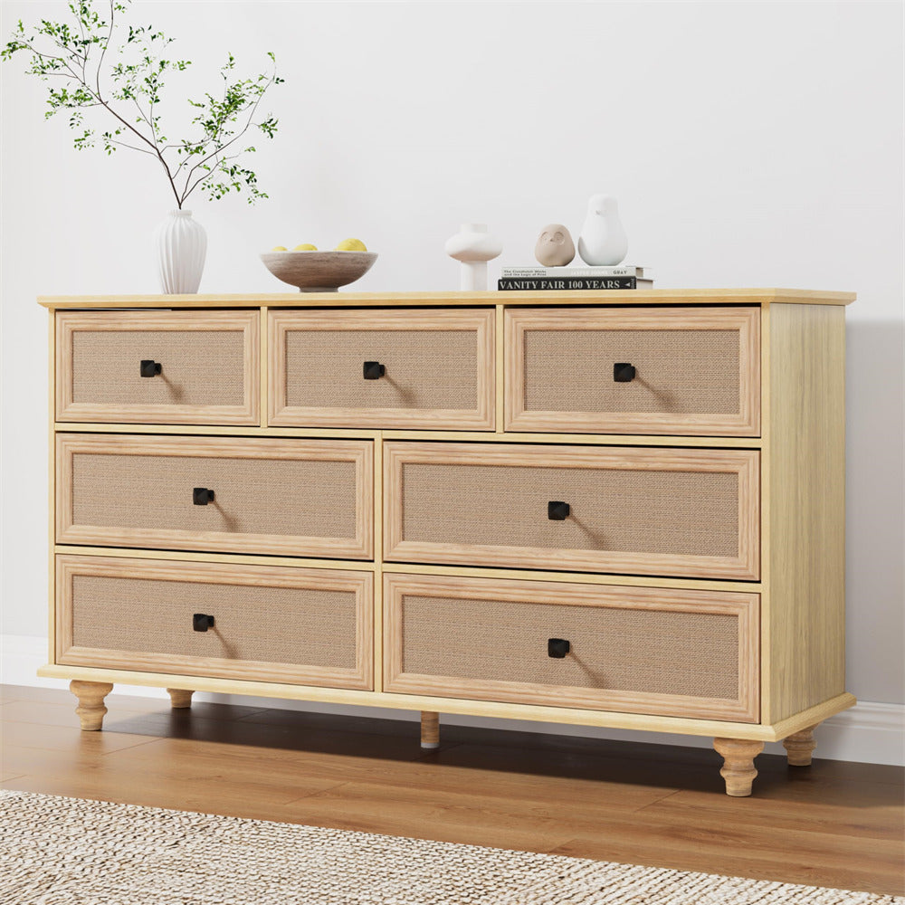 7-Drawer Modern Farmhouse Dresser – Natural Rattan Fronts