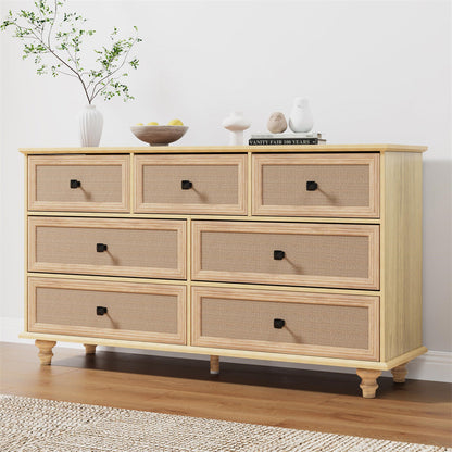 7-Drawer Modern Farmhouse Dresser – Natural Rattan Fronts