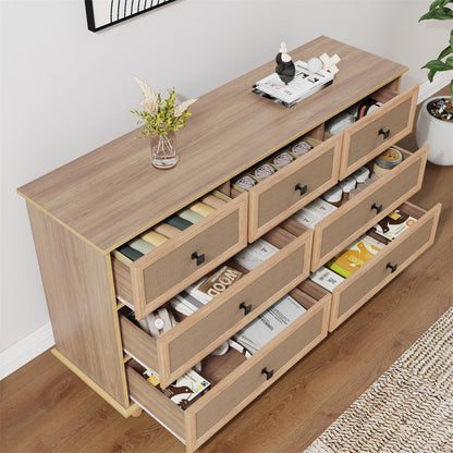 7-Drawer Modern Farmhouse Dresser – Natural Rattan Fronts