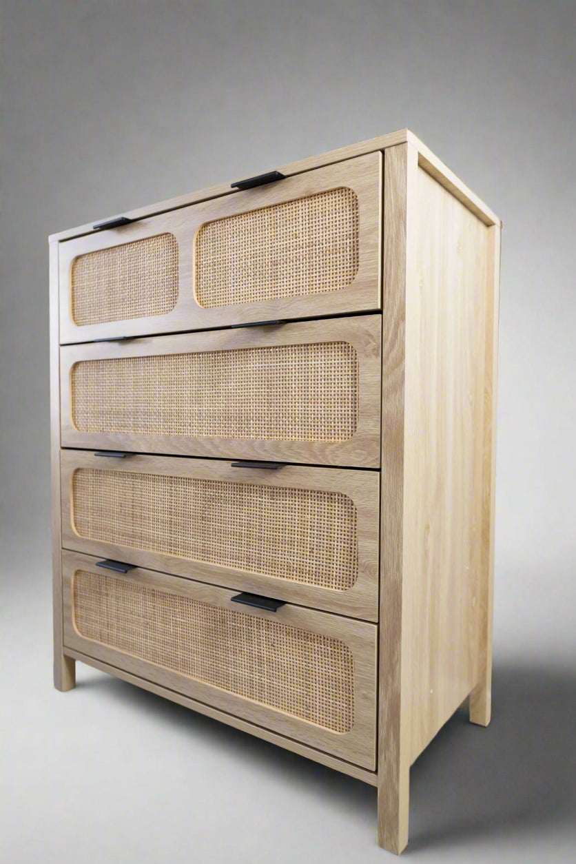 Natural Wood & Cane 4-Drawer Dresser