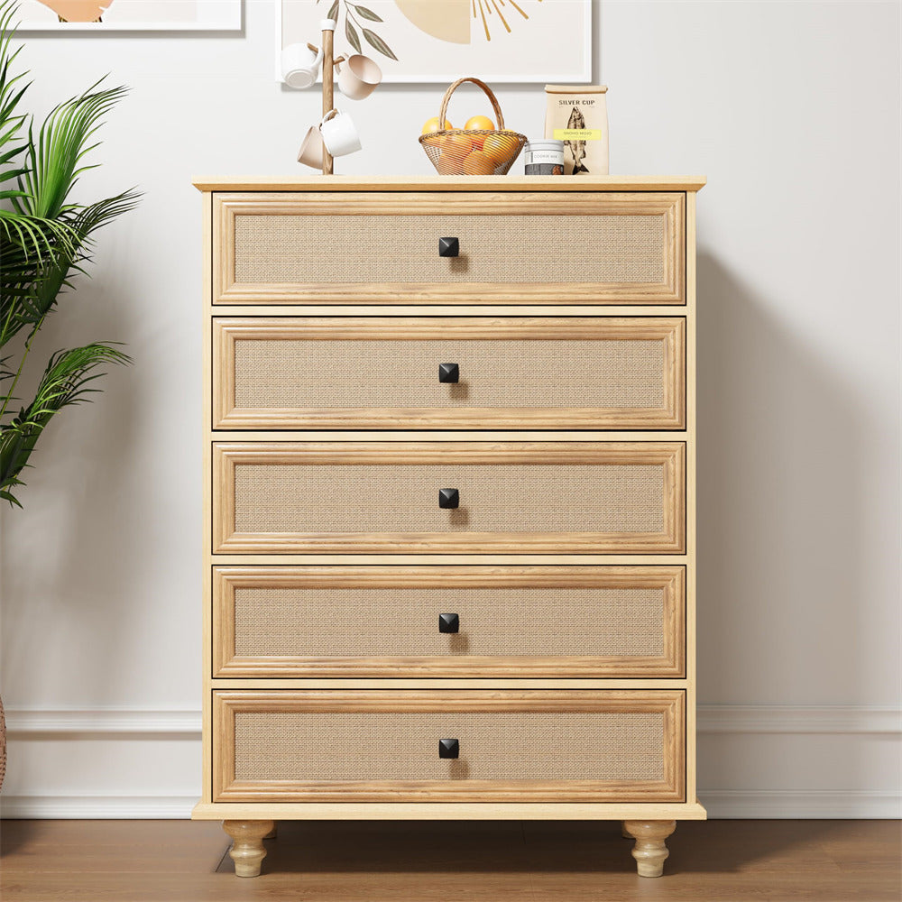 5-Drawer Modern Farmhouse Dresser – Natural Rattan Fronts