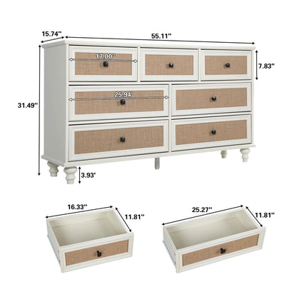 7-Drawer Modern White Farmhouse Dresser – Natural Rattan Fronts