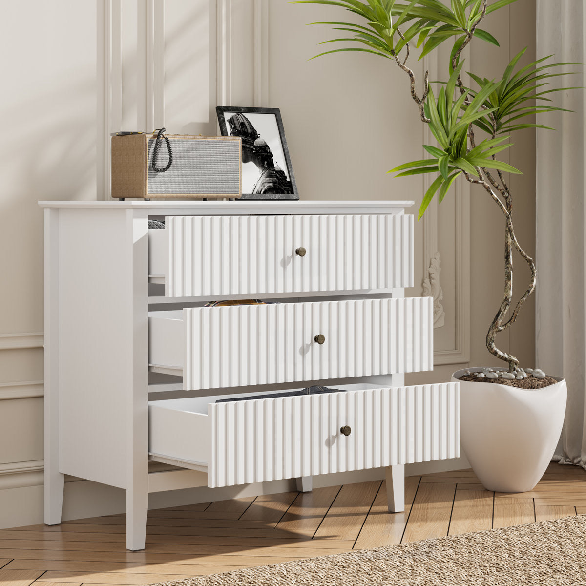 White Fluted Oversized Nightstands - Set of 2 | Modern Bedroom Furniture