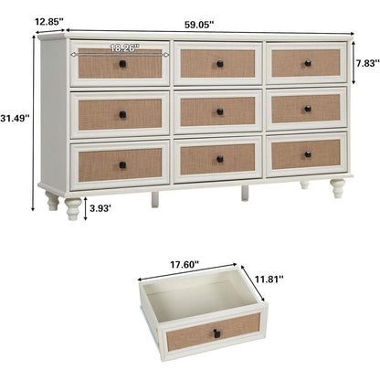 9-Drawer Modern White Farmhouse Dresser – Natural Rattan Fronts