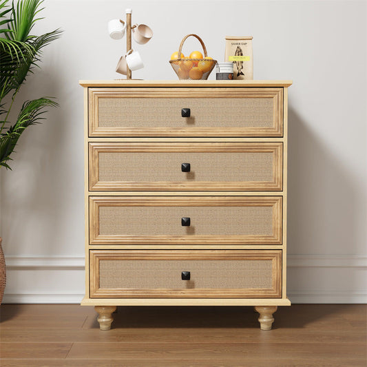 4-Drawer Modern Farmhouse Dresser – Natural Rattan Fronts