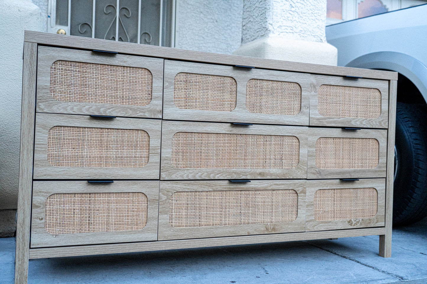 9-Drawer Dresser with Rattan Fronts – 58” Wide