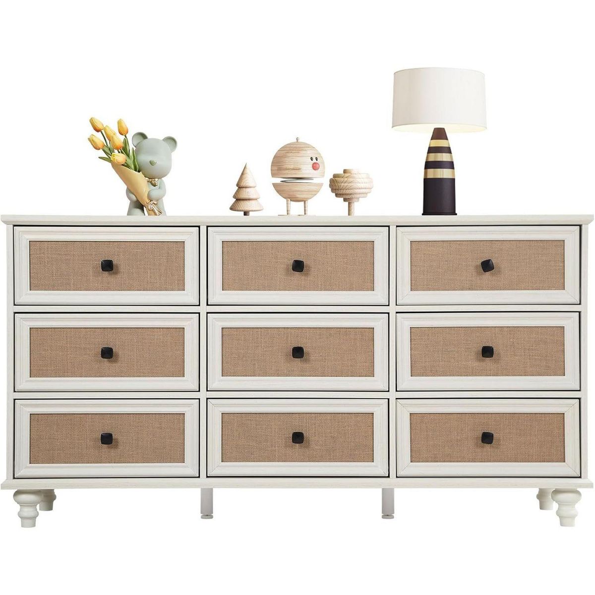 9-Drawer Modern White Farmhouse Dresser – Natural Rattan Fronts