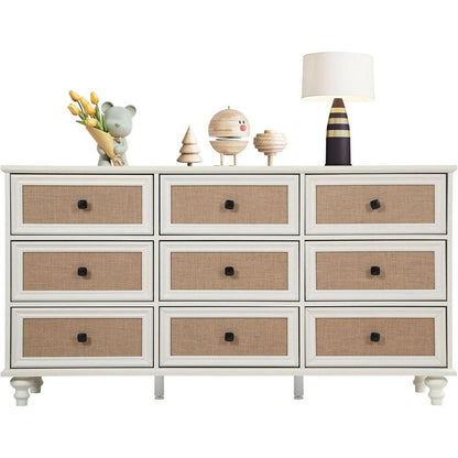 9-Drawer Modern White Farmhouse Dresser – Natural Rattan Fronts