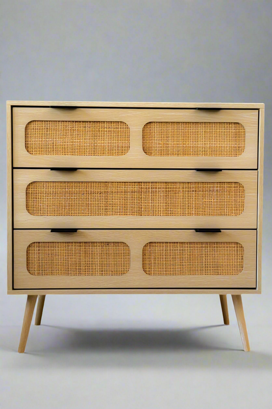 3-Drawer Rattan Dresser – Natural Wood with Cane Fronts