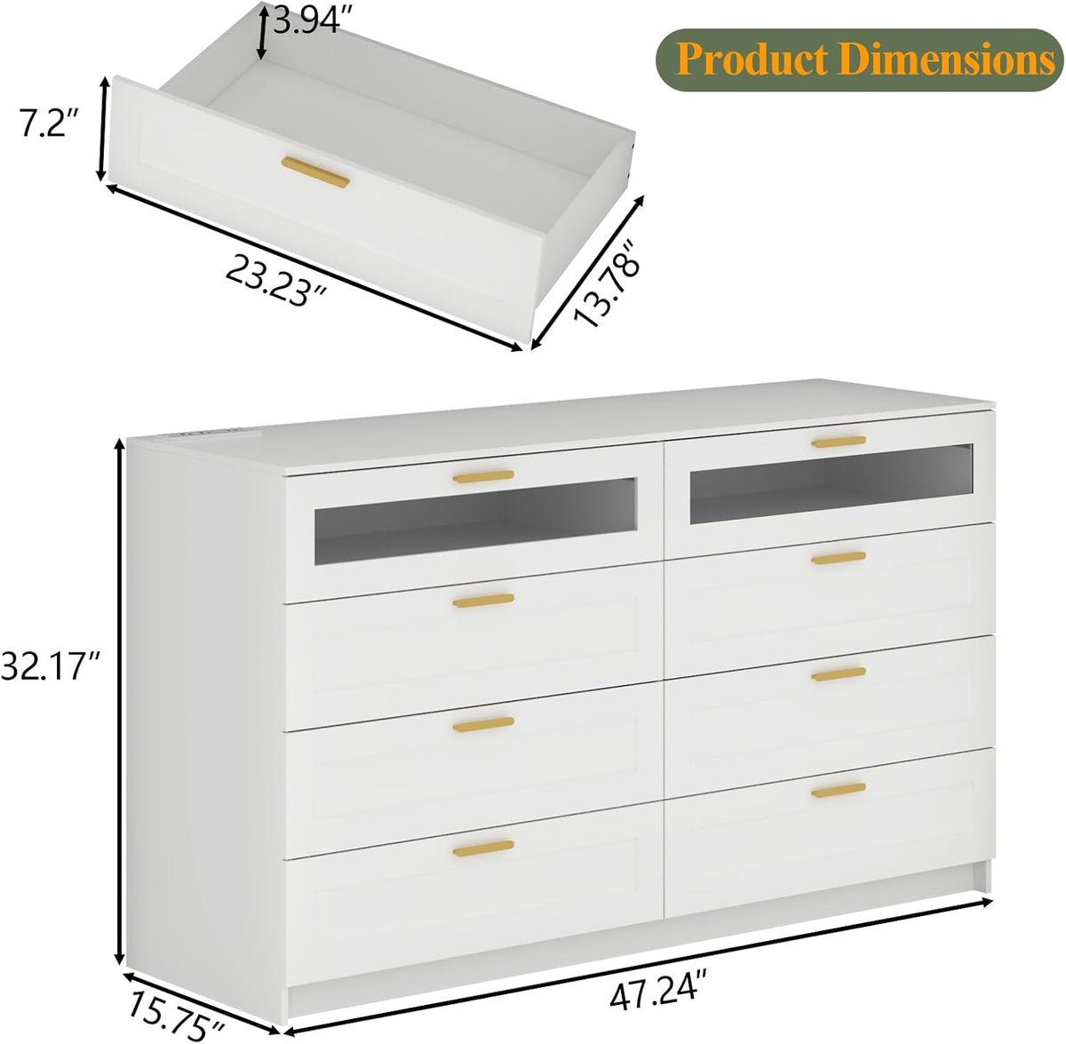 8-Drawer LED Dresser with Charging Station – White