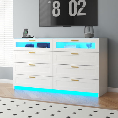 8-Drawer LED Dresser with Charging Station – White