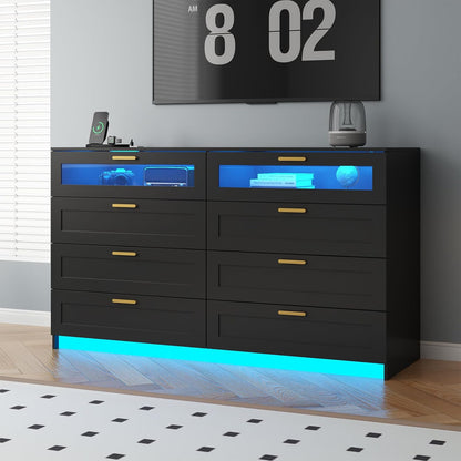 8-Drawer LED Dresser with Charging Station – Black