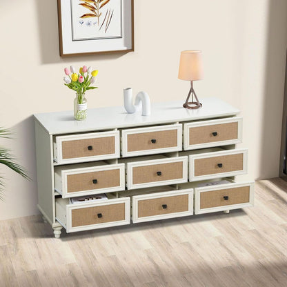 9-Drawer Modern White Farmhouse Dresser – Natural Rattan Fronts