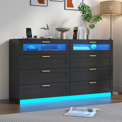 8-Drawer LED Dresser with Charging Station – Black