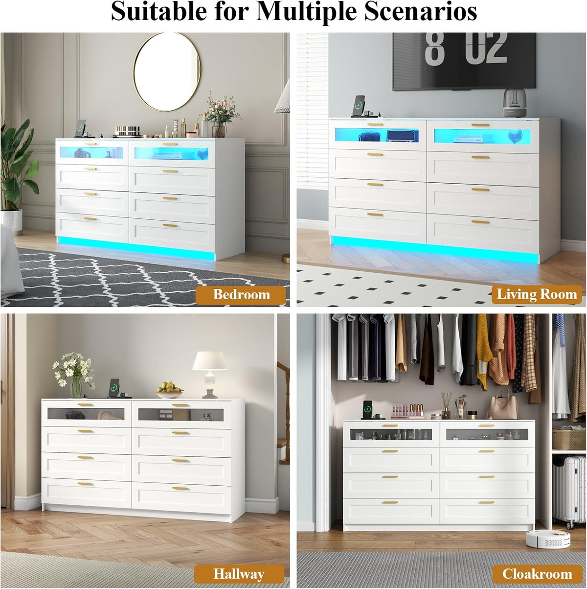 8-Drawer LED Dresser with Charging Station – White