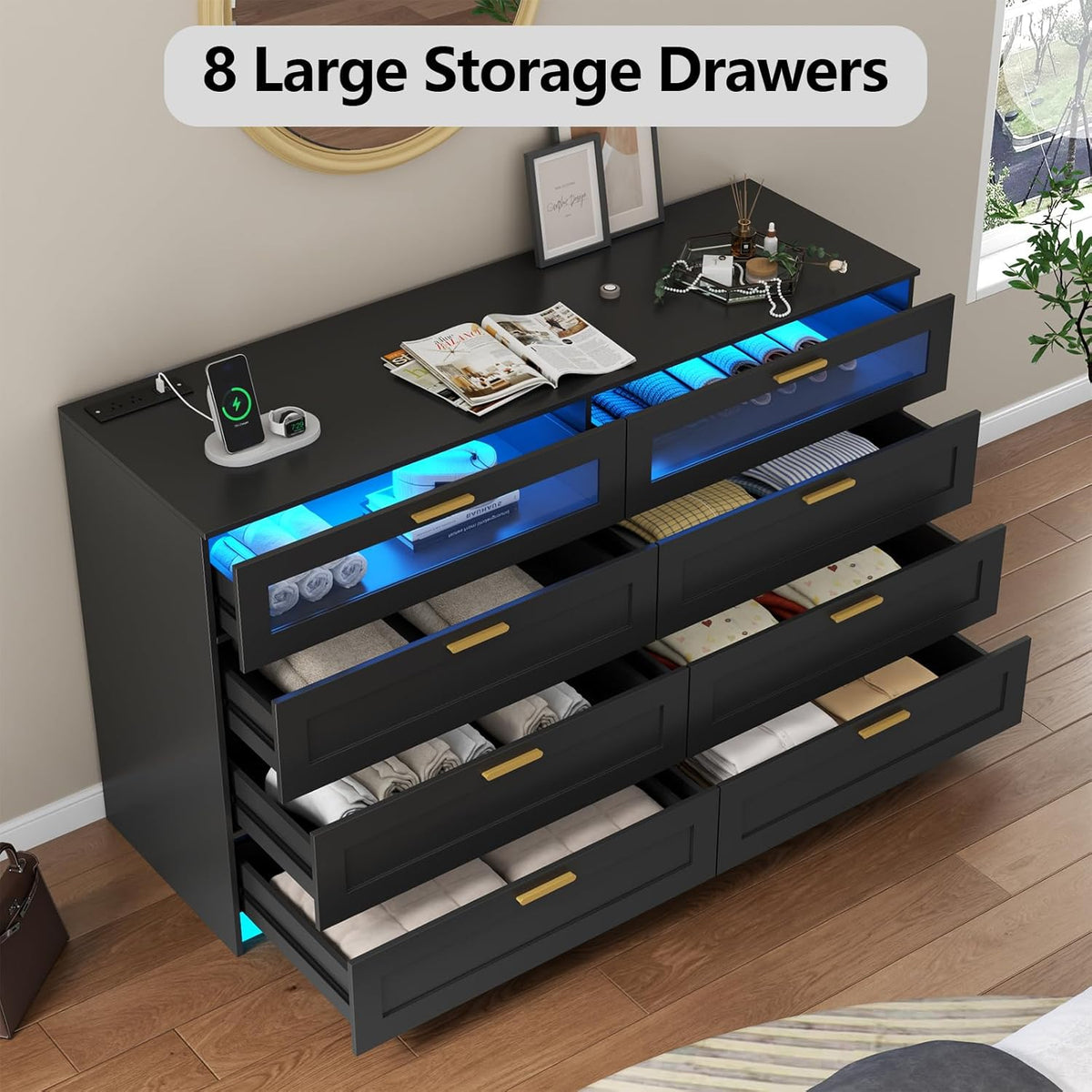 8-Drawer LED Dresser with Charging Station – Black