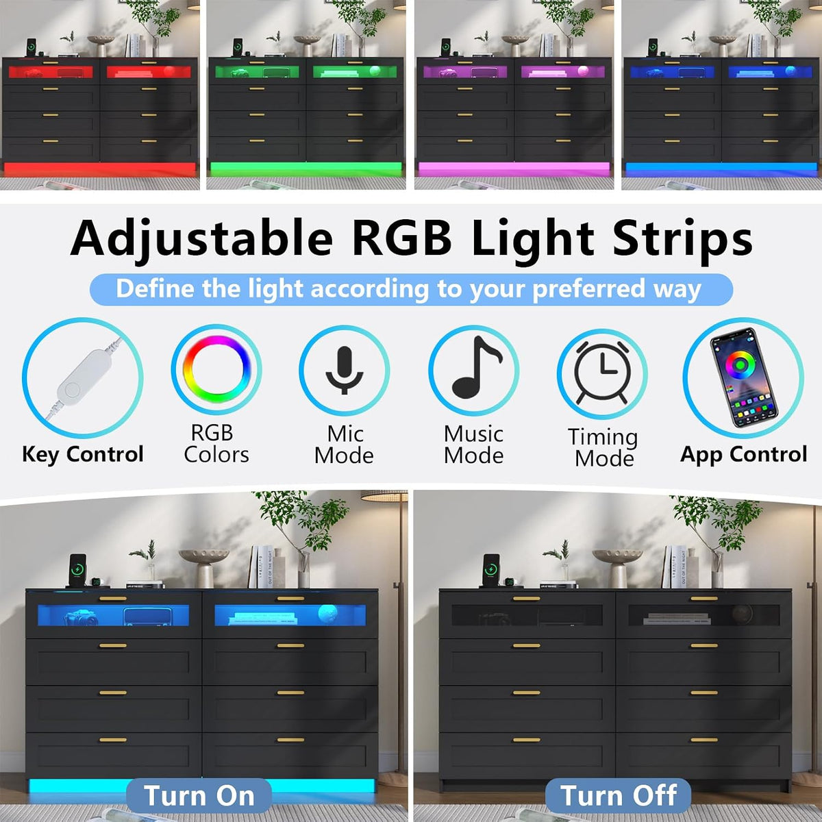8-Drawer LED Dresser with Charging Station – Black