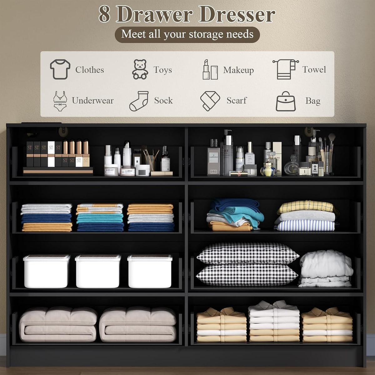 8-Drawer LED Dresser with Charging Station – Black