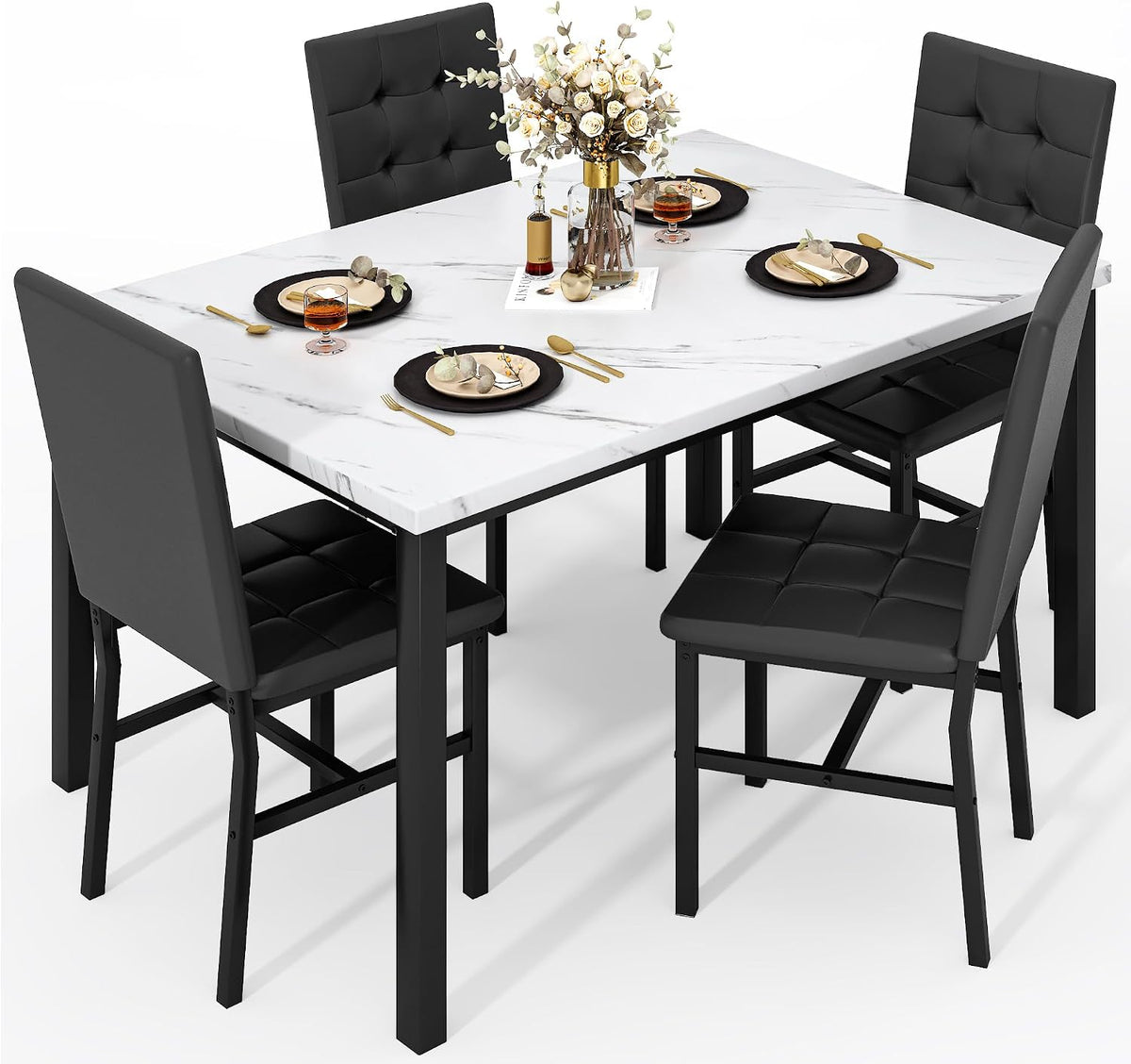 5-Piece Faux Marble Dining Set – White & Black