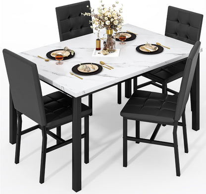 5-Piece Faux Marble Dining Set – White & Black