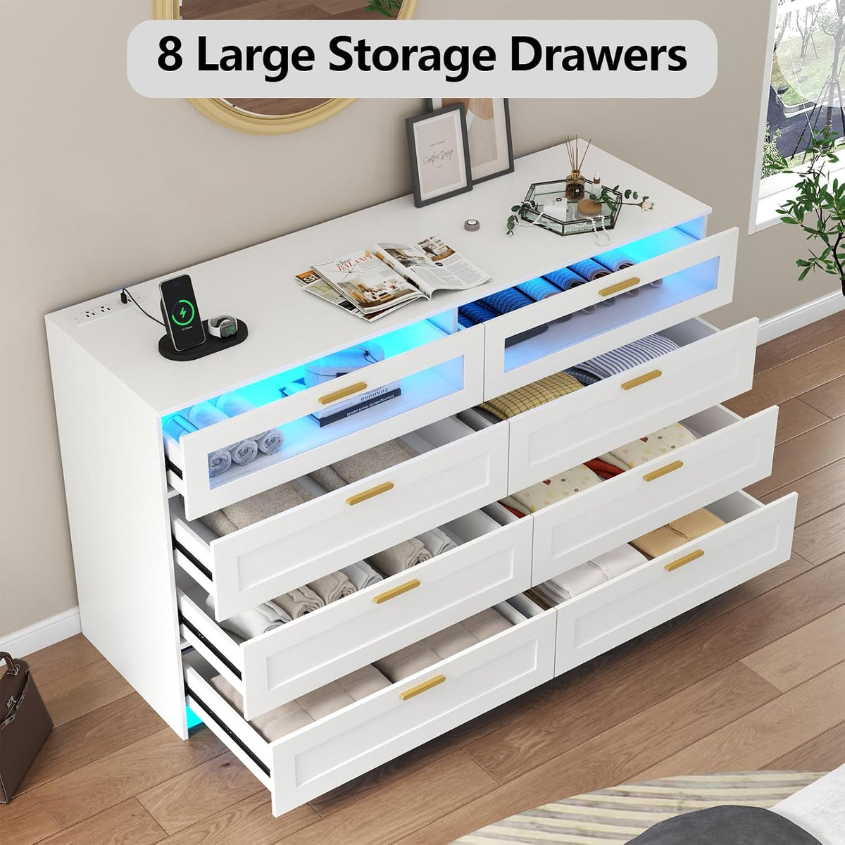 8-Drawer LED Dresser with Charging Station – White