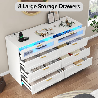 8-Drawer LED Dresser with Charging Station – White