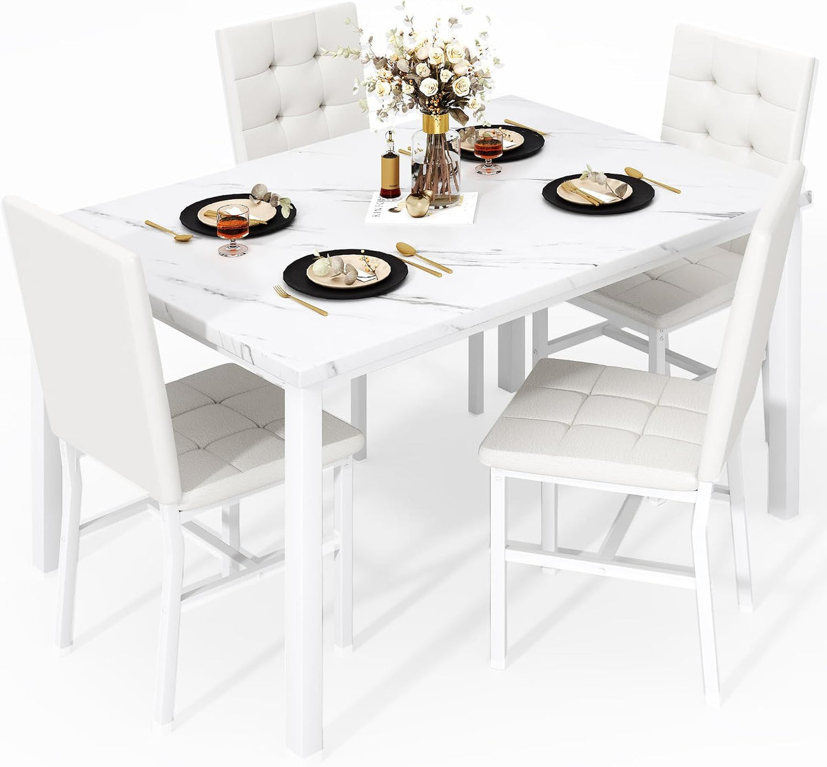 5-Piece Faux Marble Dining Set – White & White