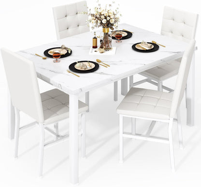 5-Piece Faux Marble Dining Set – White & White